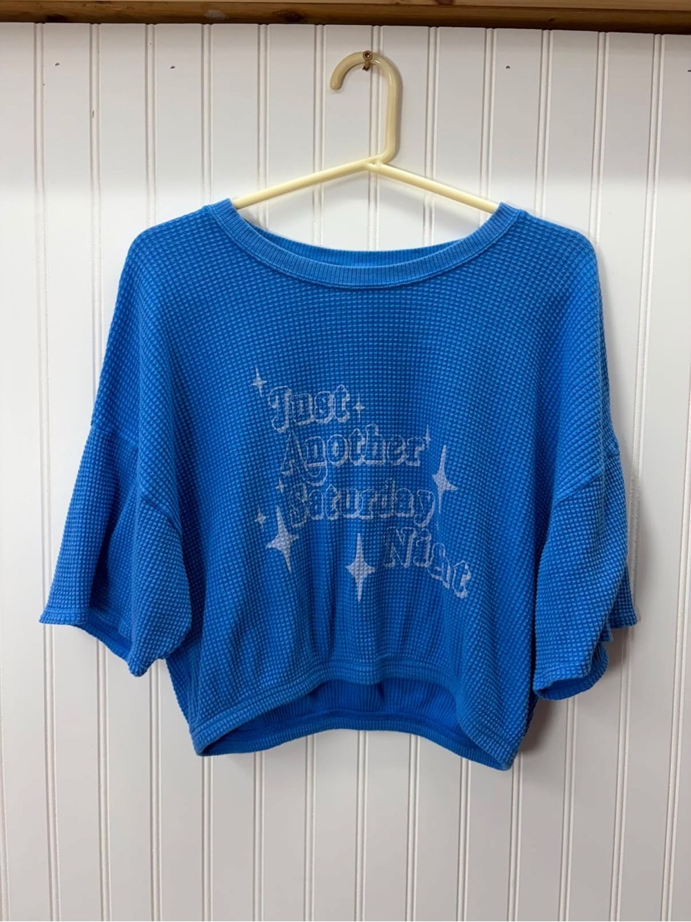 aerie offline boxey slouchy oversized Royal Blue Waffle-Knit graphic Cropped Top